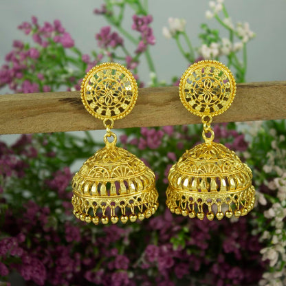 Gold-Plated Dome Jhumka Earrings – Traditional Ethnic Statement Jewelry