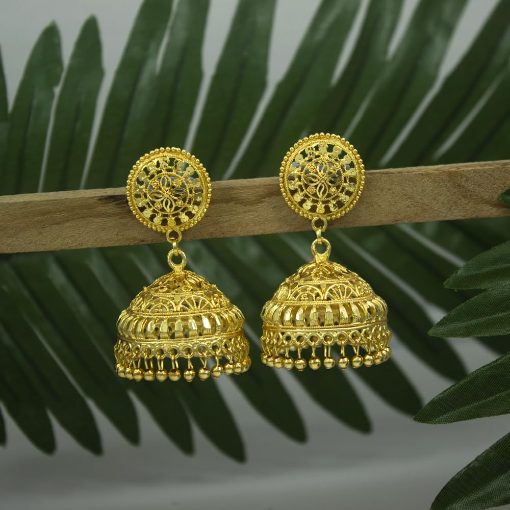 Gold-Plated Dome Jhumka Earrings – Traditional Ethnic Statement Jewelry