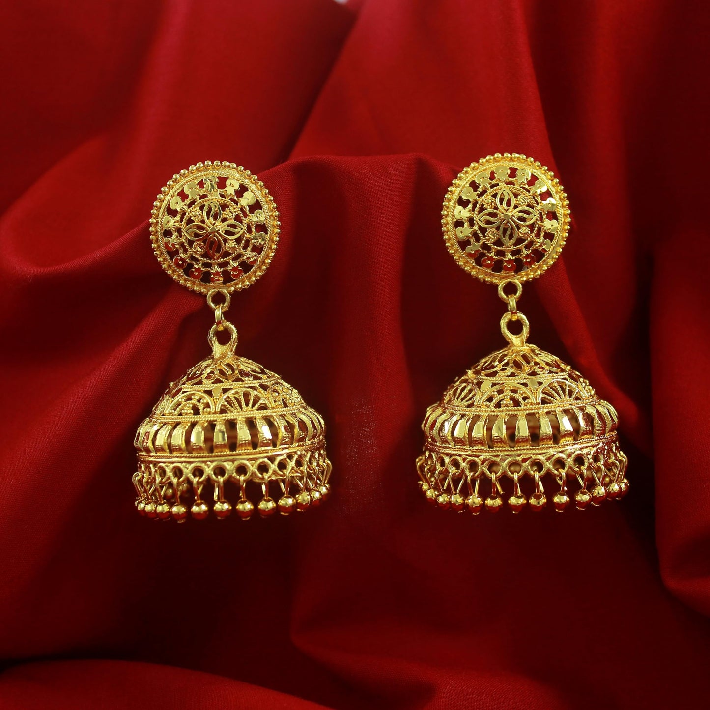 Gold-Plated Dome Jhumka Earrings – Traditional Ethnic Statement Jewelry