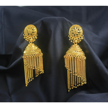 Gold Plated Dangler Chain Tassels Long Jhumka Earrings .