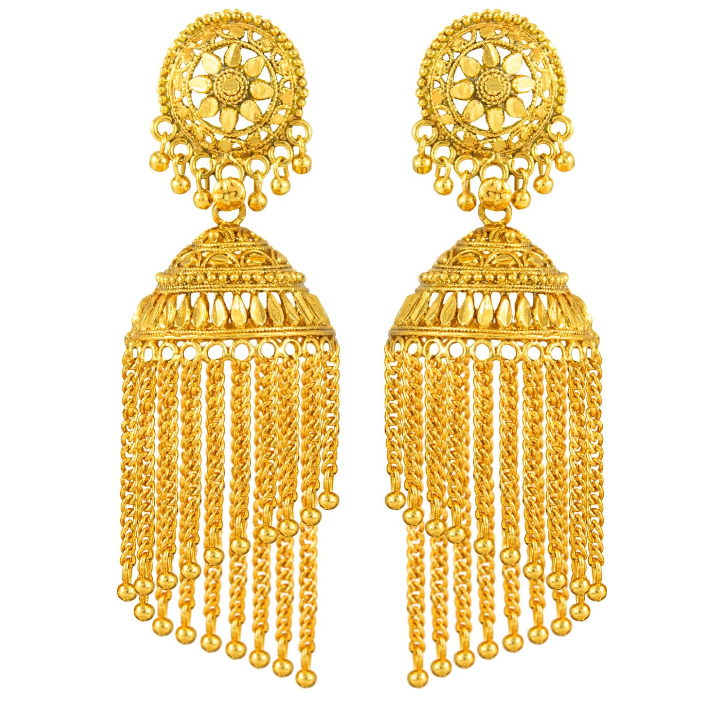 Gold Plated Dangler Chain Tassels Long Jhumka Earrings .
