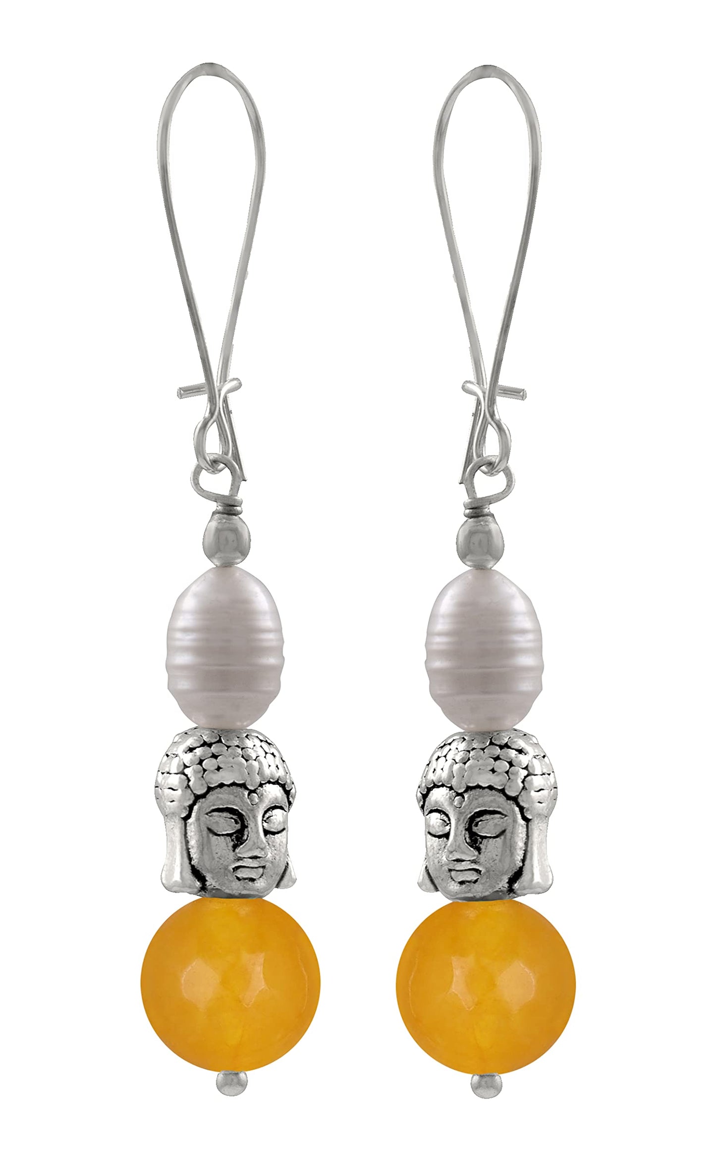Oxidised Buddha Earrings – German Silver Plated with Yellow Agate & Pearl