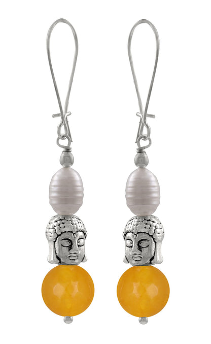 Oxidised Buddha Earrings – German Silver Plated with Yellow Agate & Pearl