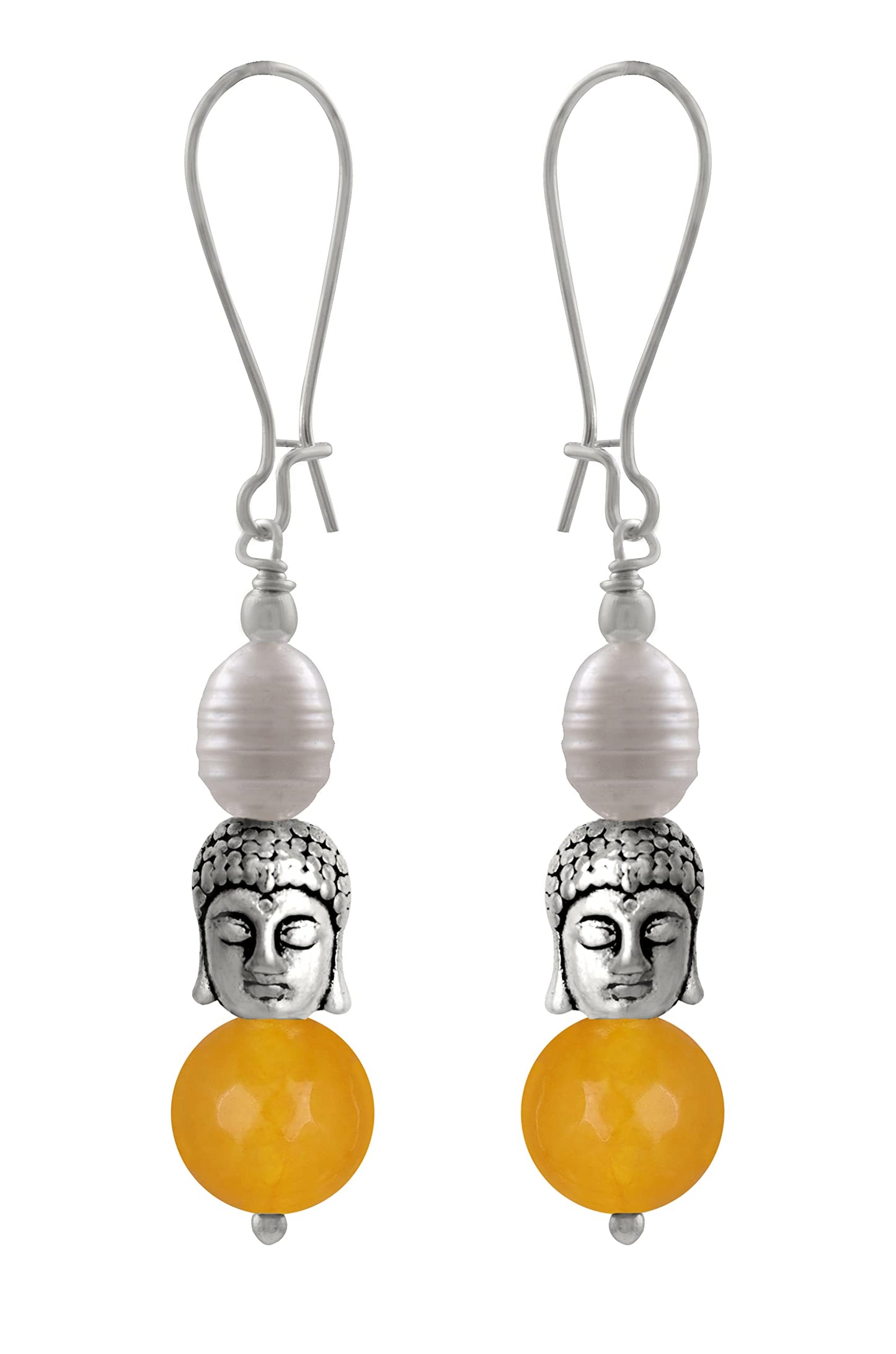 Oxidised Buddha Earrings – German Silver Plated with Yellow Agate & Pearl