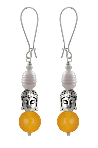 Oxidised Buddha Earrings – German Silver Plated with Yellow Agate & Pearl