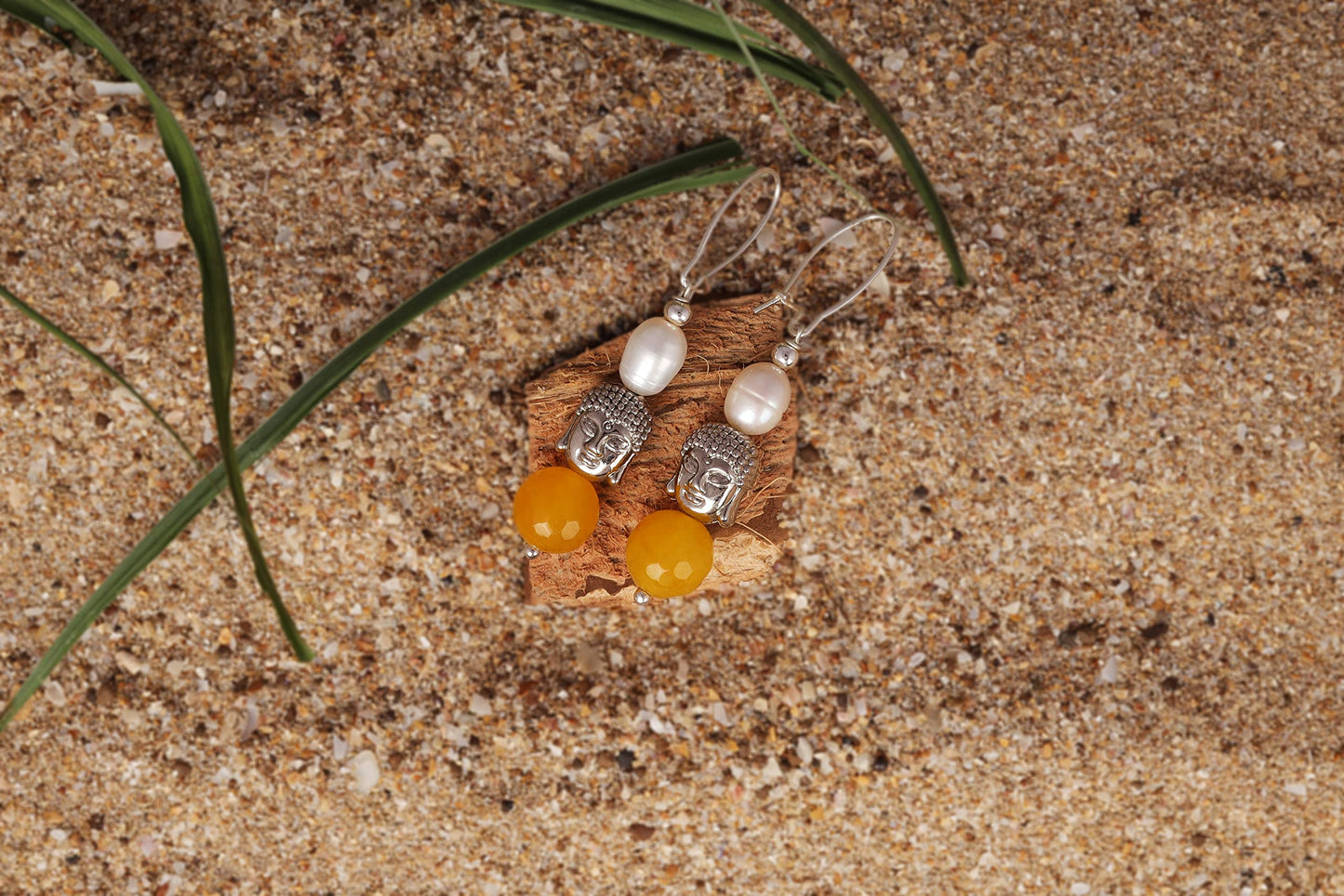 Oxidised Buddha Earrings – German Silver Plated with Yellow Agate & Pearl