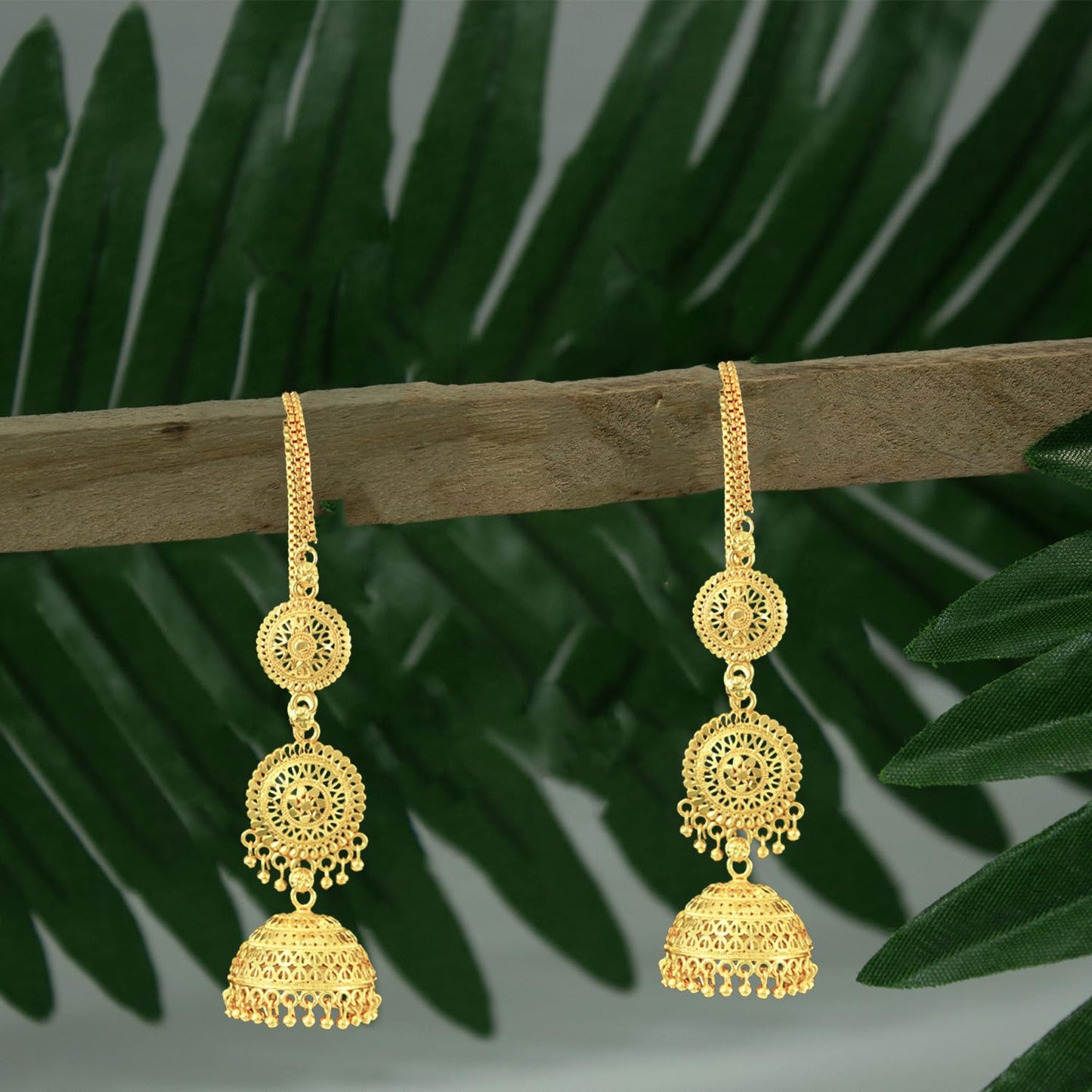 Gold-Plated Long Jhumka Earrings With Attached Ear Chain .