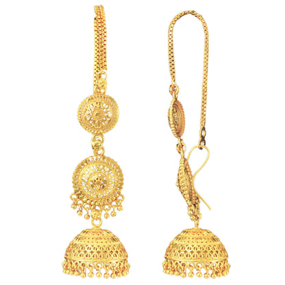 Gold-Plated Long Jhumka Earrings With Attached Ear Chain .