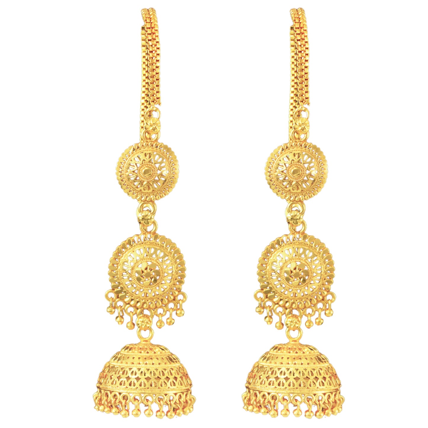 Gold-Plated Long Jhumka Earrings With Attached Ear Chain .
