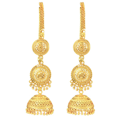 Gold-Plated Long Jhumka Earrings With Attached Ear Chain .