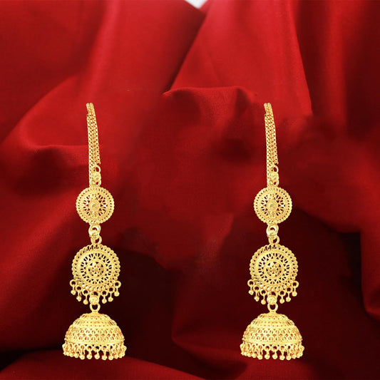 Gold-Plated Long Jhumka Earrings With Attached Ear Chain .