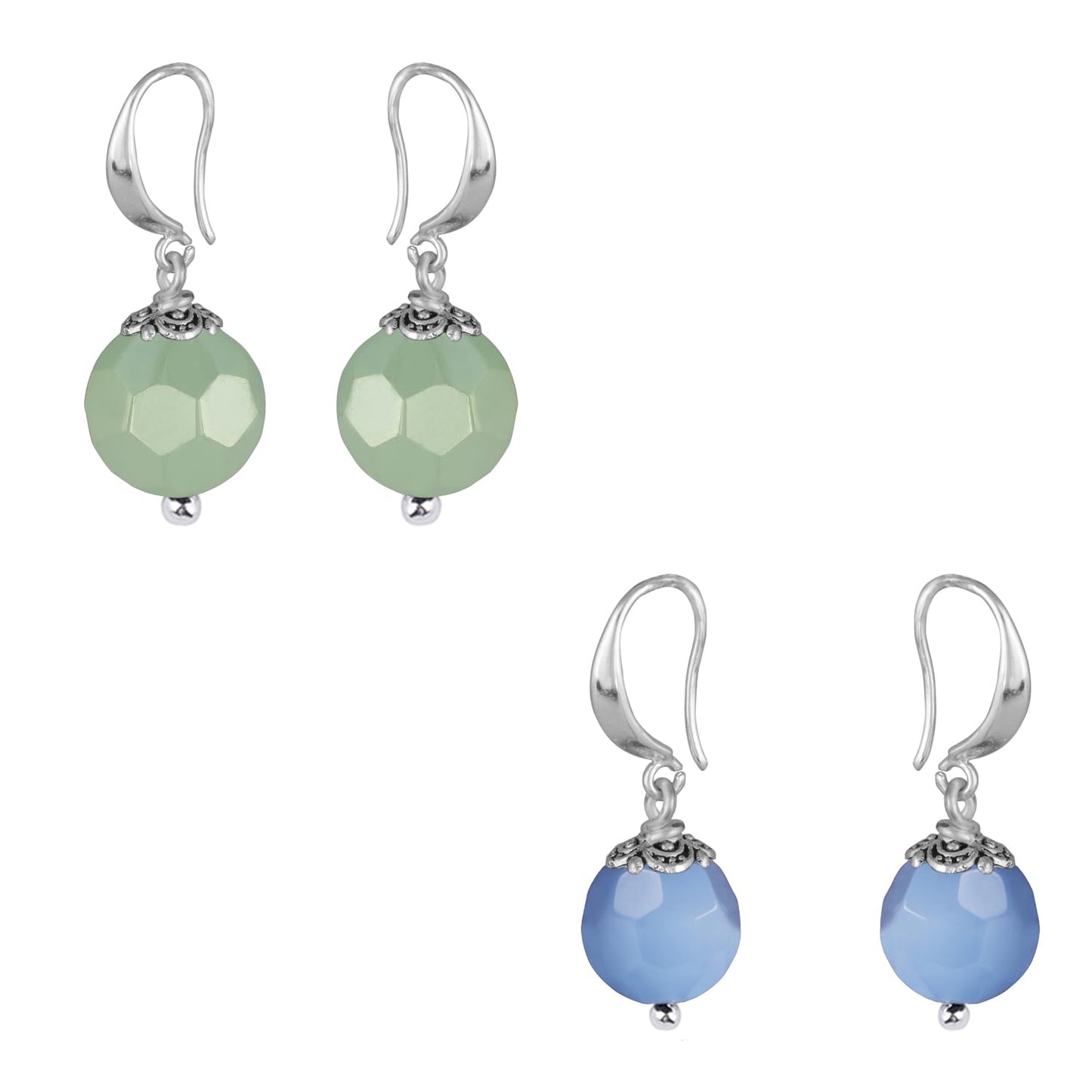 Semi-Precious Onyx Earrings Set 2 Pair Light Blue & Ment Green Round Drop Earrings Trendy Lightweight
