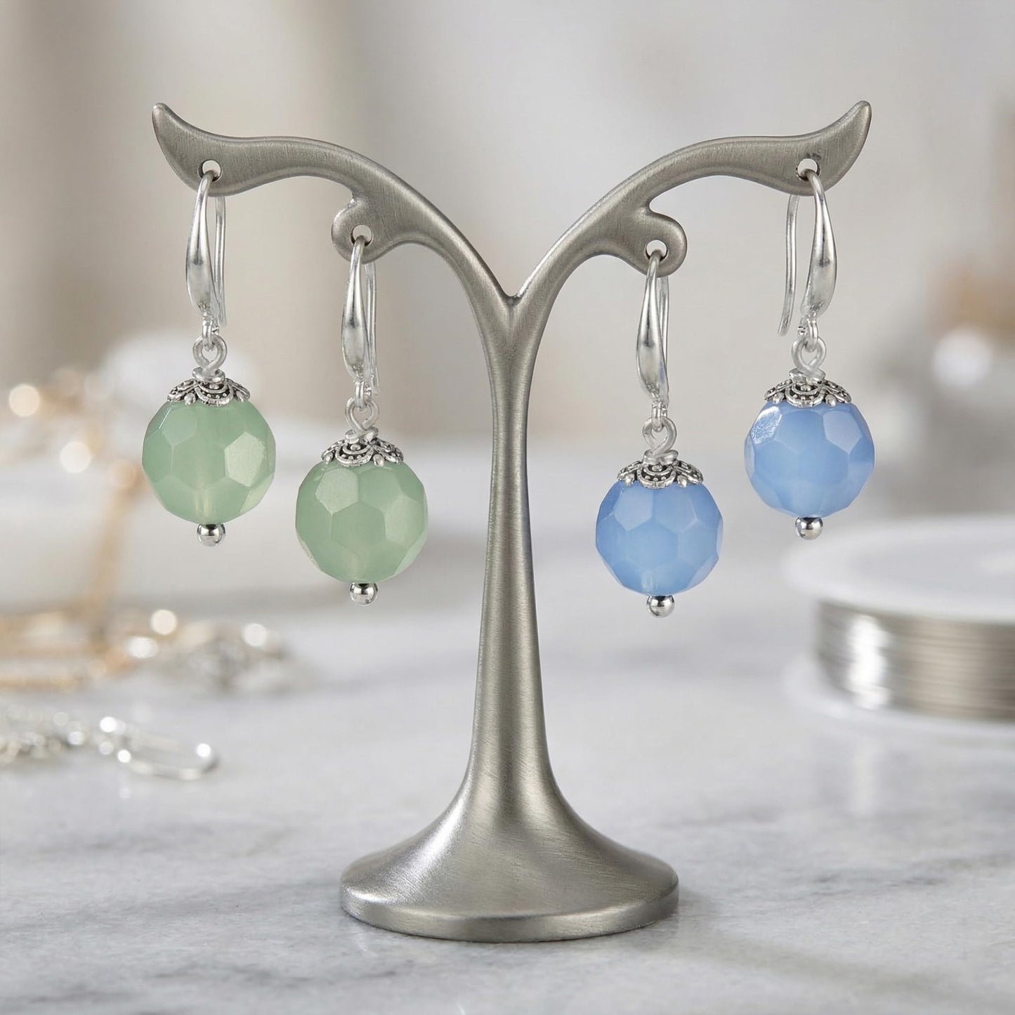 Semi-Precious Onyx Earrings Set 2 Pair Light Blue & Ment Green Round Drop Earrings Trendy Lightweight