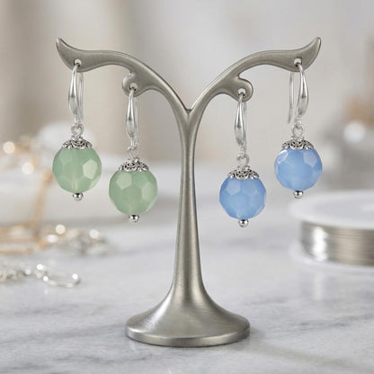 Semi-Precious Onyx Earrings Set 2 Pair Light Blue & Ment Green Round Drop Earrings Trendy Lightweight