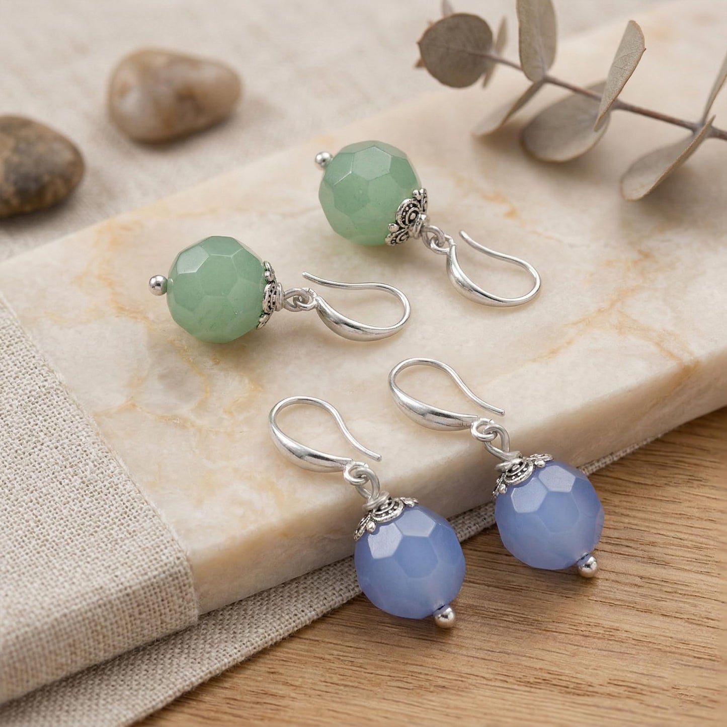 Semi-Precious Onyx Earrings Set 2 Pair Light Blue & Ment Green Round Drop Earrings Trendy Lightweight