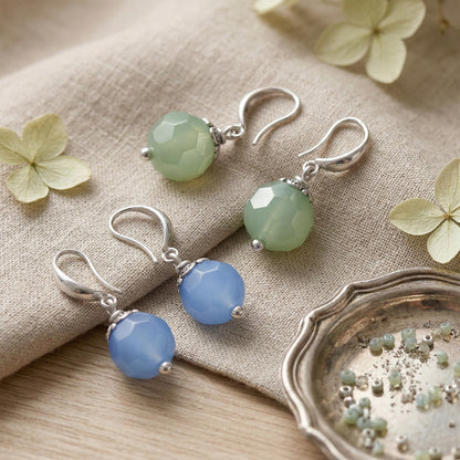 Semi-Precious Onyx Earrings Set 2 Pair Light Blue & Ment Green Round Drop Earrings Trendy Lightweight