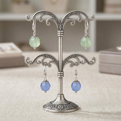 Semi-Precious Onyx Earrings Set 2 Pair Light Blue & Ment Green Round Drop Earrings Trendy Lightweight