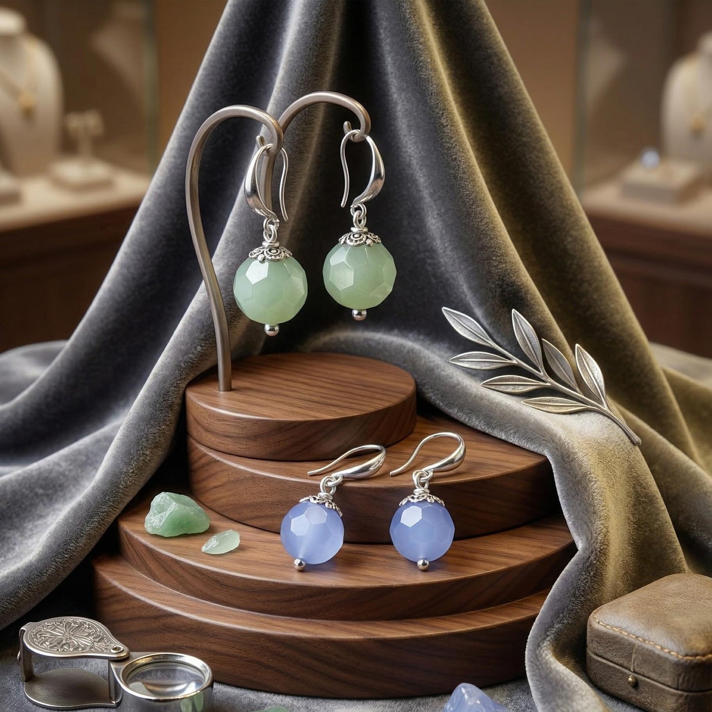 Semi-Precious Onyx Earrings Set 2 Pair Light Blue & Ment Green Round Drop Earrings Trendy Lightweight
