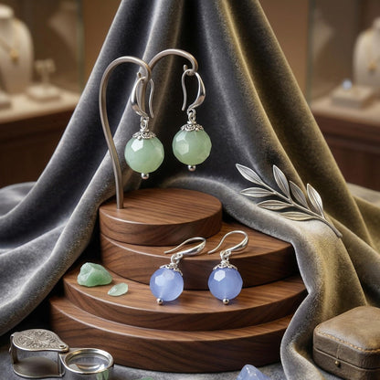 Semi-Precious Onyx Earrings Set 2 Pair Light Blue & Ment Green Round Drop Earrings Trendy Lightweight