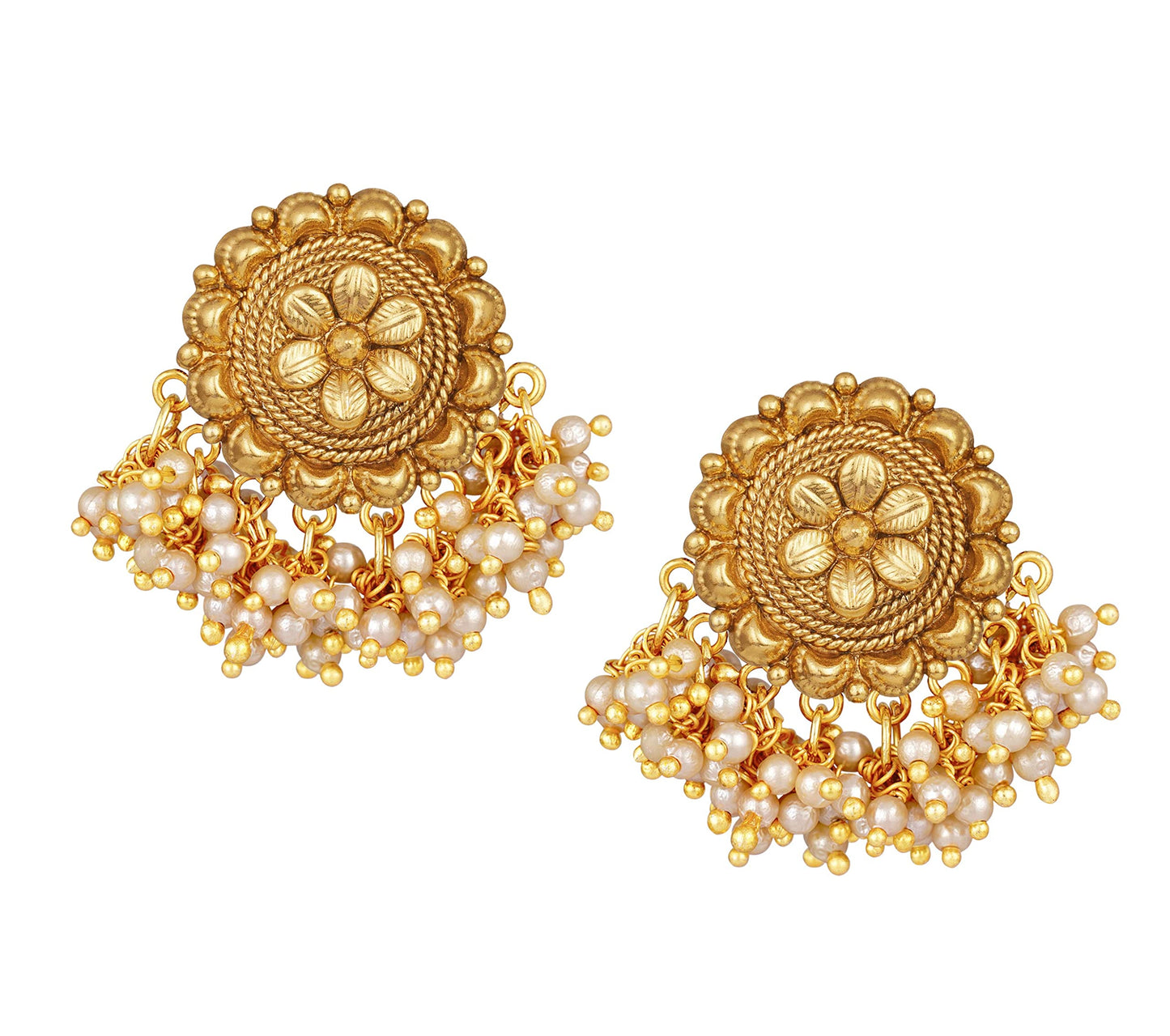 Floral Pearl Stud Earrings – Gold-Plated Beaded Ethnic Design