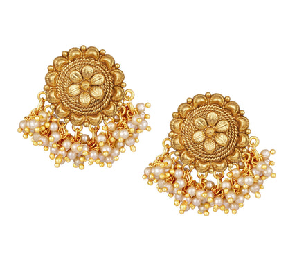 Floral Pearl Stud Earrings – Gold-Plated Beaded Ethnic Design