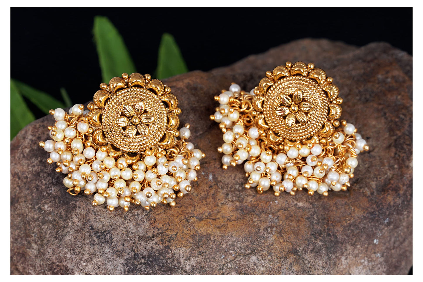 Floral Pearl Stud Earrings – Gold-Plated Beaded Ethnic Design