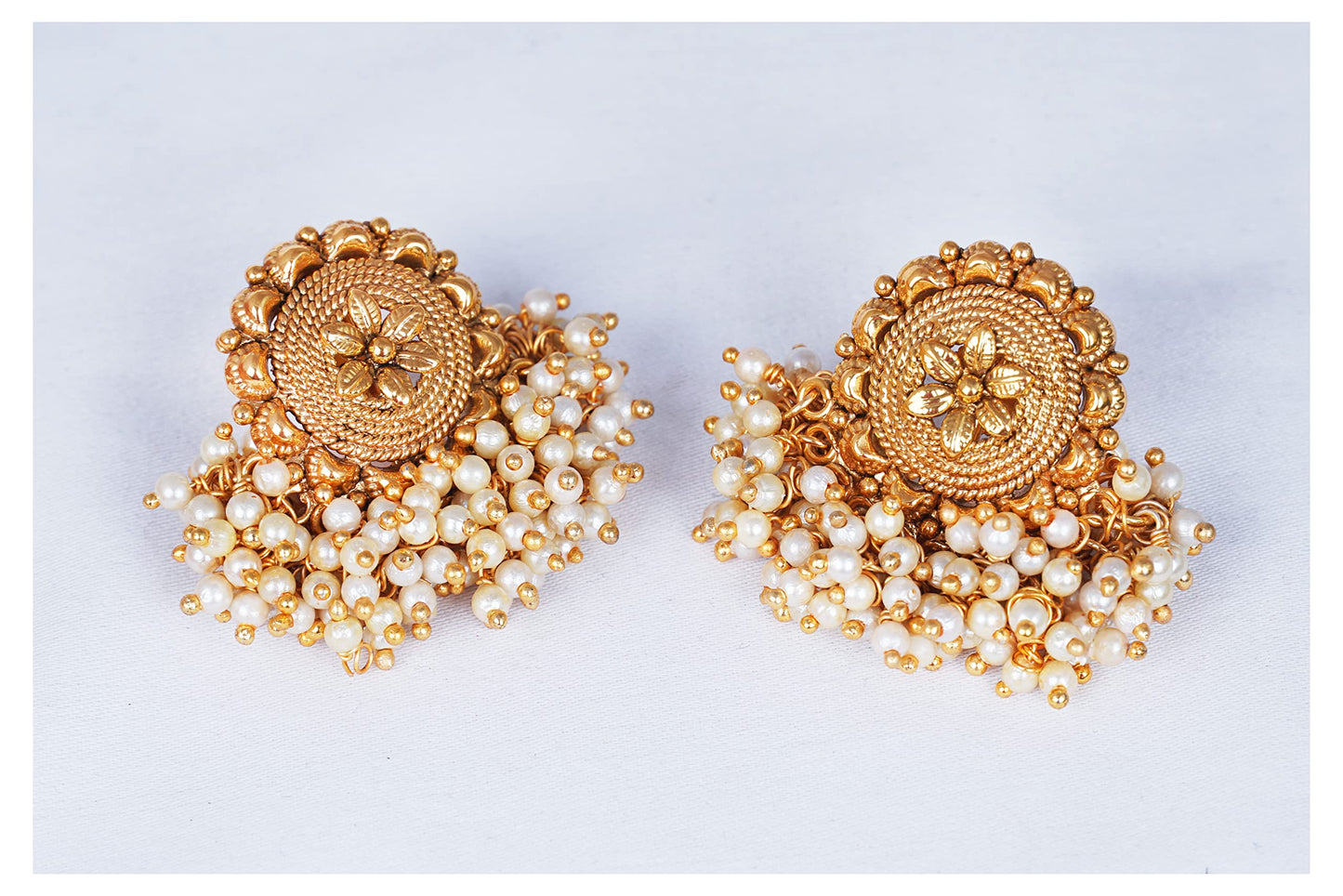 Floral Pearl Stud Earrings – Gold-Plated Beaded Ethnic Design
