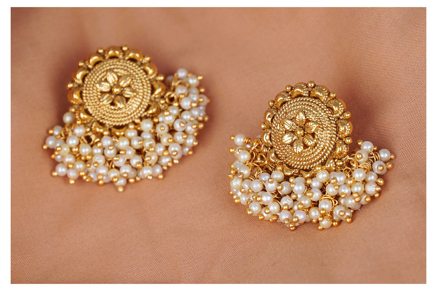 Floral Pearl Stud Earrings – Gold-Plated Beaded Ethnic Design