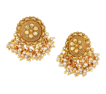 Floral Pearl Stud Earrings – Gold-Plated Beaded Ethnic Design