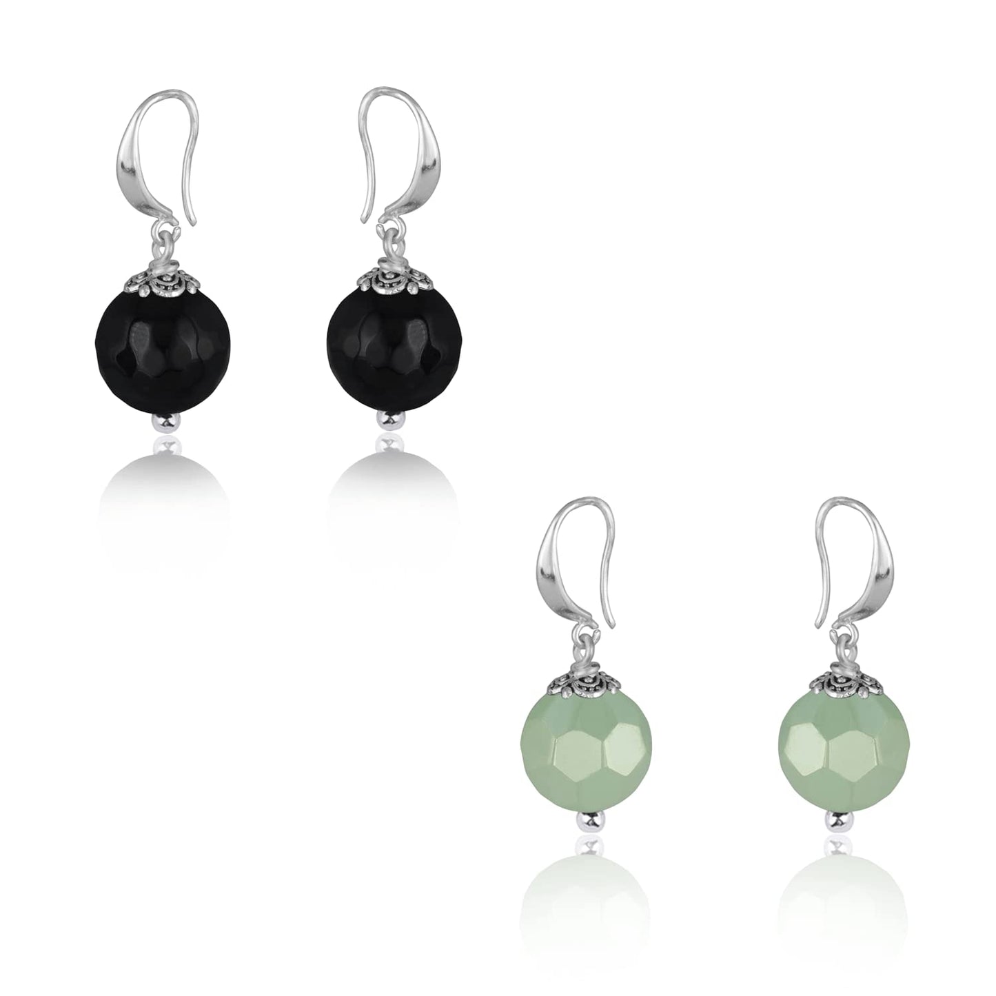Premium Gemstone Beaded Stud Set – Handcrafted Mint Green & Onyx Earrings