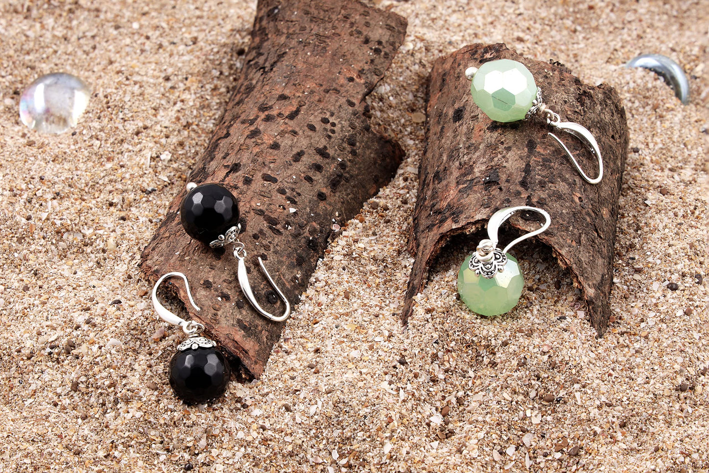 Premium Gemstone Beaded Stud Set – Handcrafted Mint Green & Onyx Earrings