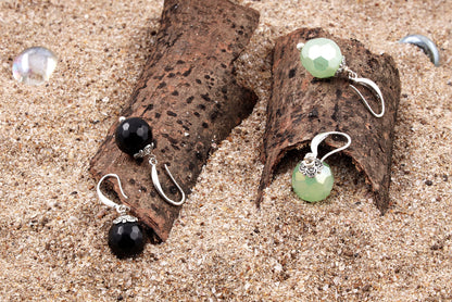 Premium Gemstone Beaded Stud Set – Handcrafted Mint Green & Onyx Earrings