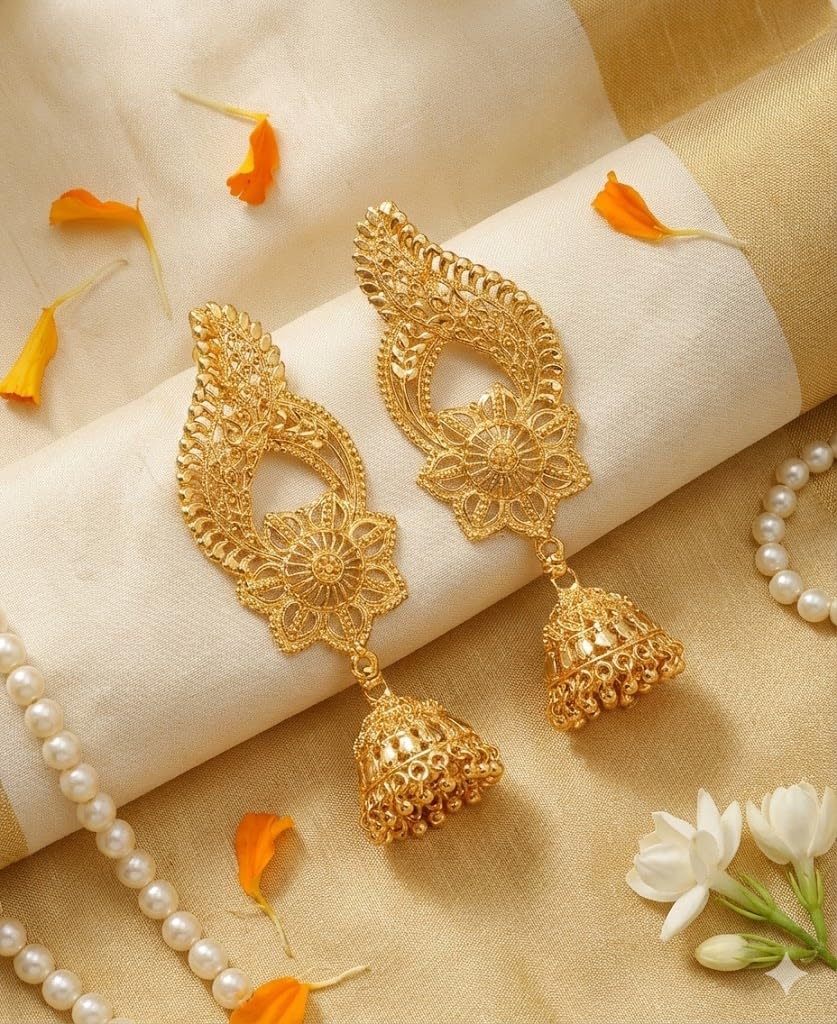 Gold-Plated 3-Layer Jhumki Earrings – Traditional Copper-Base Ethnic Design