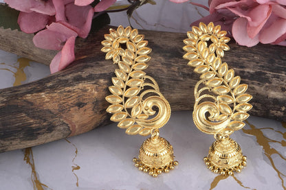 Elegant Leaf Motif Gold Plated Ear Cuff Earring With Jhumka .