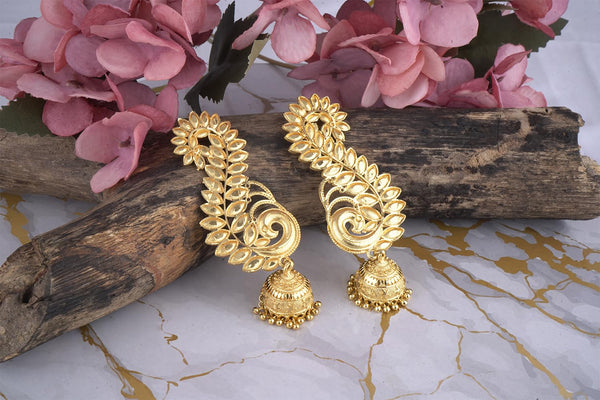 Elegant Leaf Motif Gold Plated Ear Cuff Earring With Jhumka .