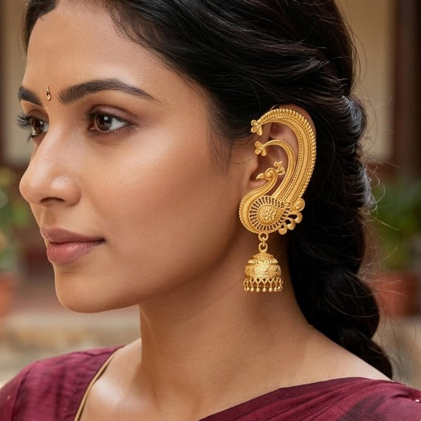 Gold Plated Peacock Design Ear Cuff Earring With Jhumka .