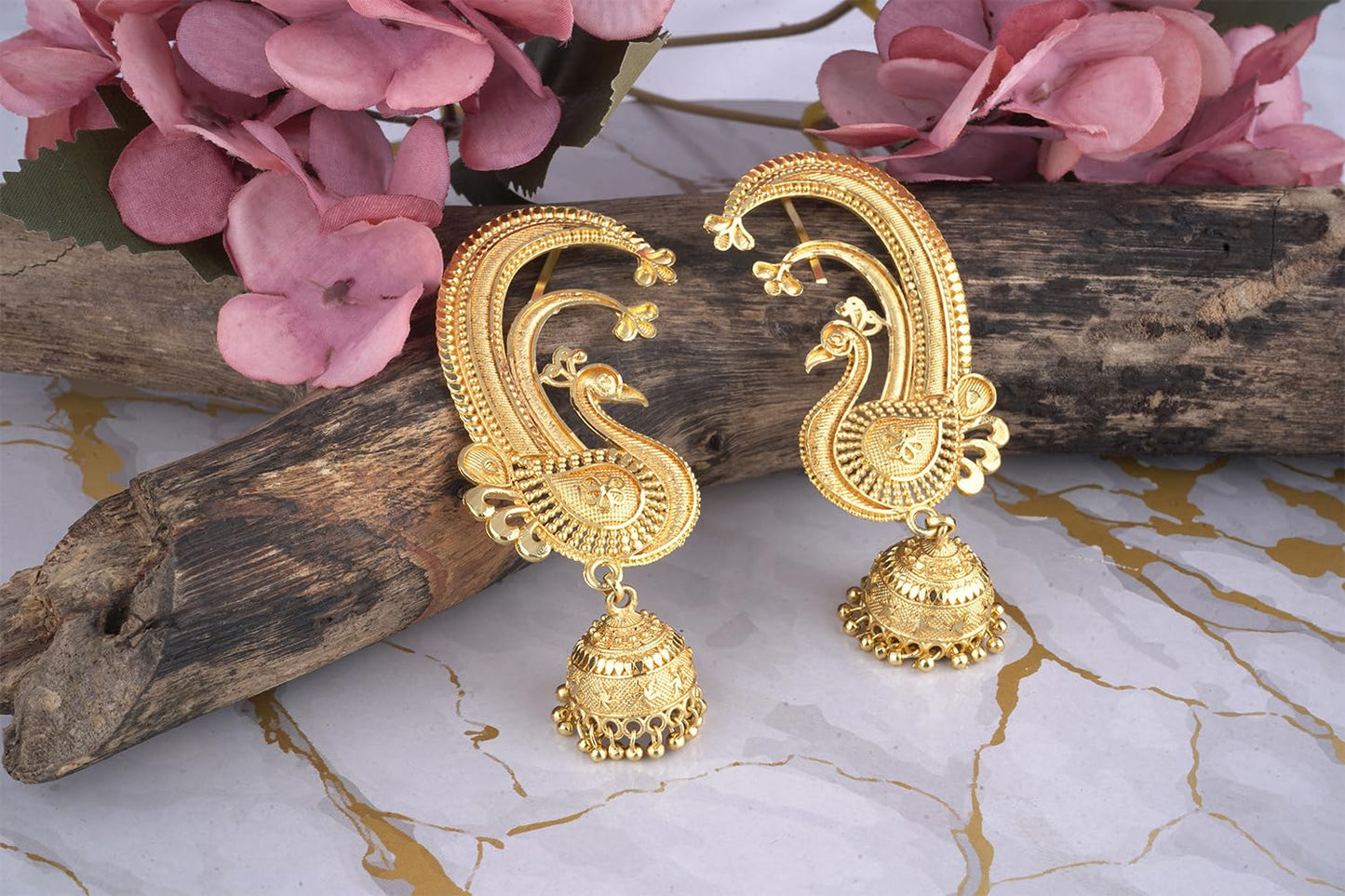 Gold Plated Peacock Design Ear Cuff Earring With Jhumka .