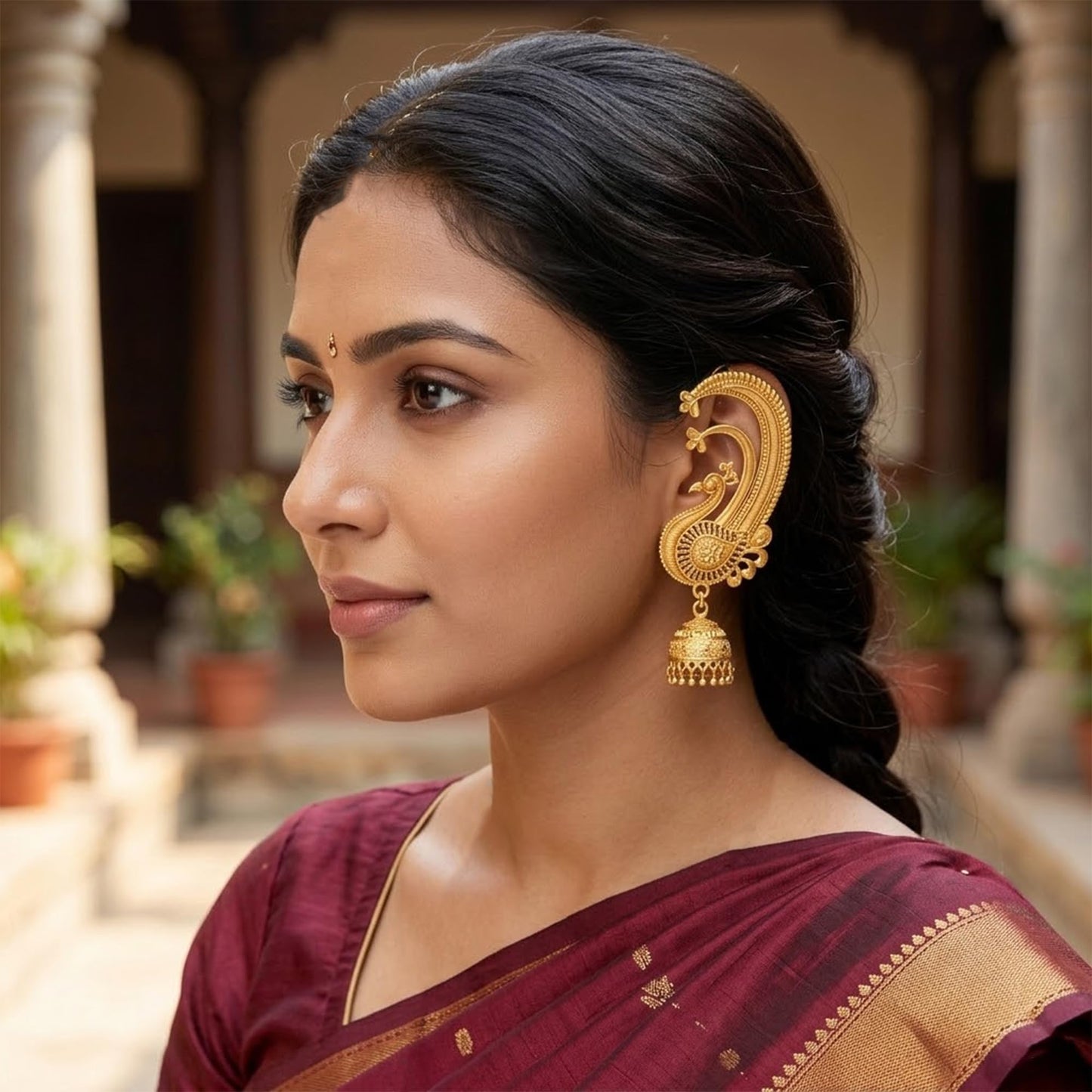 Gold Plated Peacock Design Ear Cuff Earring With Jhumka .
