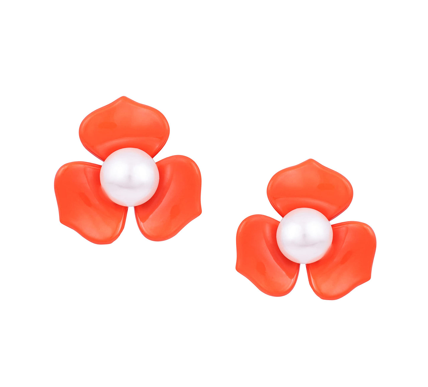 Premium Floral & Pearl Stud Set – Elegant Golden & Orange Statement Earrings
