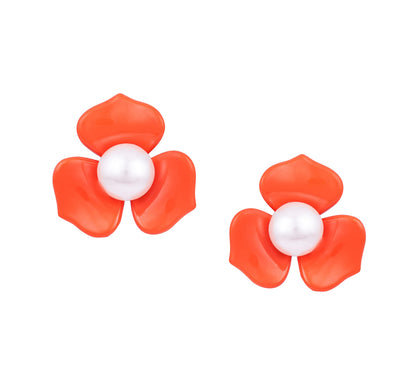 Premium Floral & Pearl Stud Set – Elegant Golden & Orange Statement Earrings