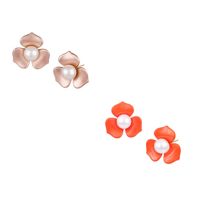 Premium Floral & Pearl Stud Set – Elegant Golden & Orange Statement Earrings