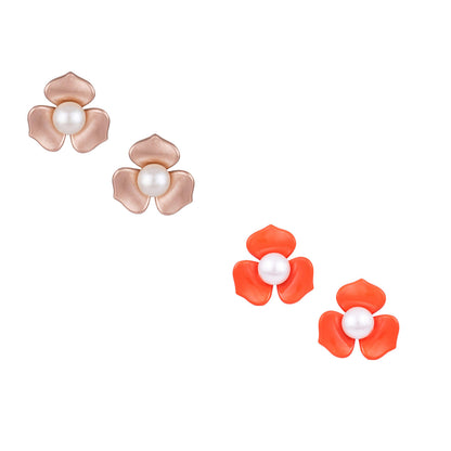 Premium Floral & Pearl Stud Set – Elegant Golden & Orange Statement Earrings