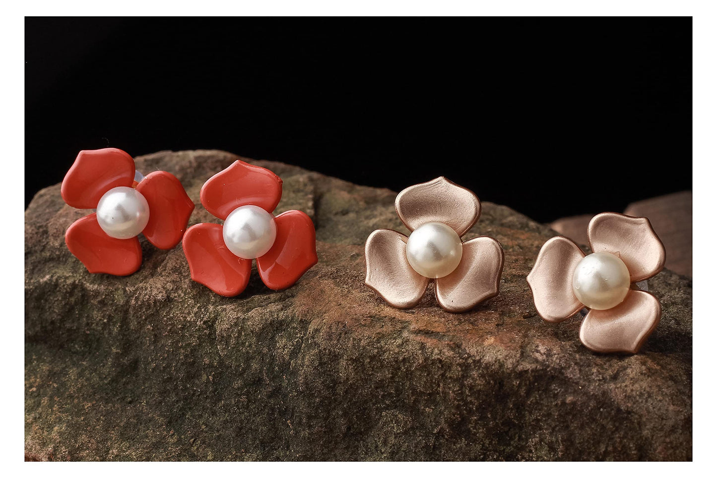 Premium Floral & Pearl Stud Set – Elegant Golden & Orange Statement Earrings