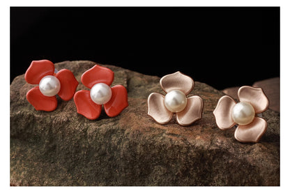 Premium Floral & Pearl Stud Set – Elegant Golden & Orange Statement Earrings
