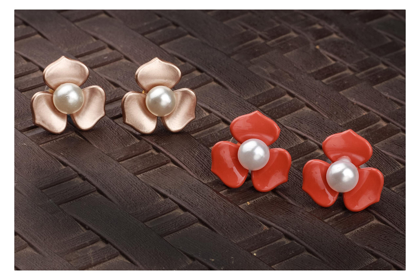 Premium Floral & Pearl Stud Set – Elegant Golden & Orange Statement Earrings