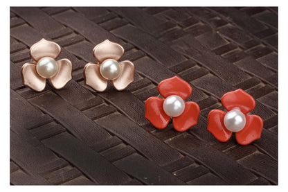 Premium Floral & Pearl Stud Set – Elegant Golden & Orange Statement Earrings