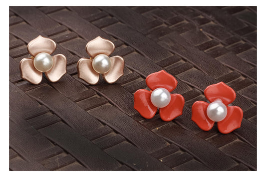 Premium Floral & Pearl Stud Set – Elegant Golden & Orange Statement Earrings