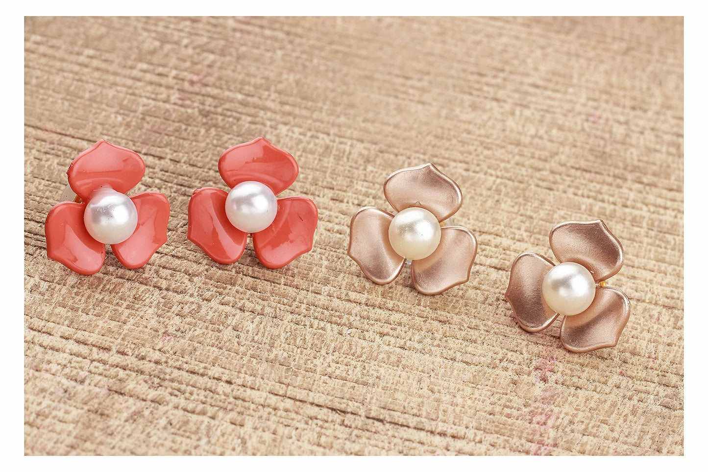 Premium Floral & Pearl Stud Set – Elegant Golden & Orange Statement Earrings