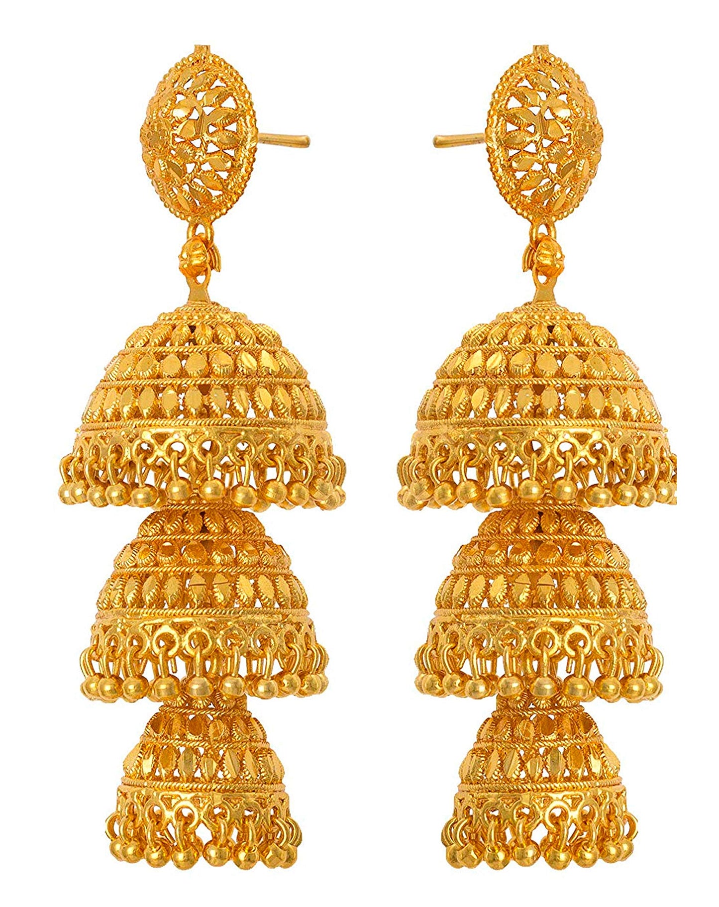 One Gram Gold Plated 3 Layer Jhumka Earrings Temple Style