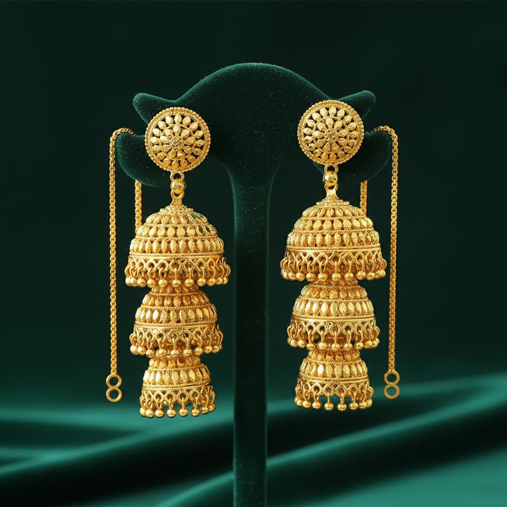 One Gram Gold Plated 3 Layer Jhumka Earrings Temple Style